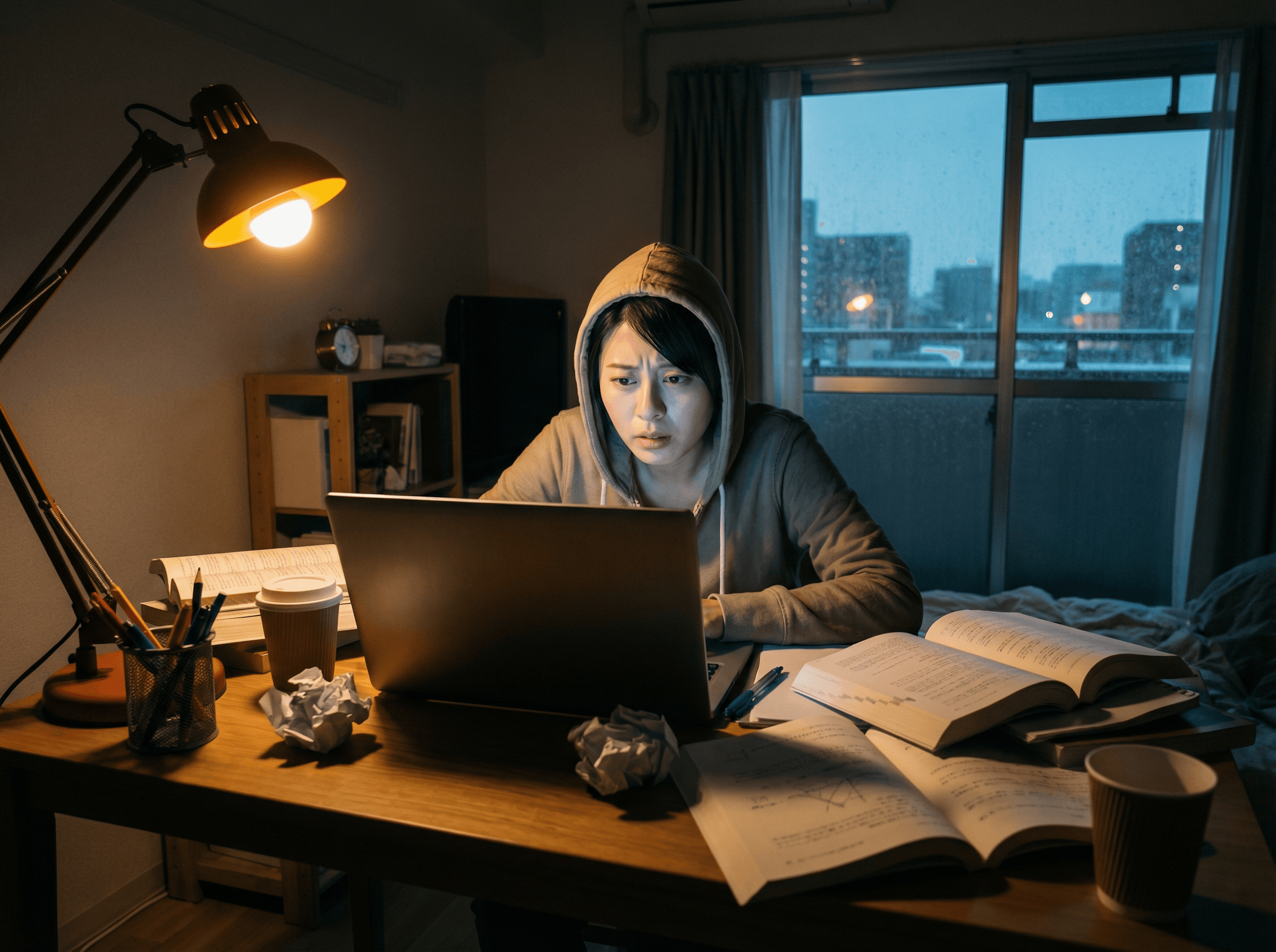 1人で暗い部屋でPCを見つめる学生のイメージ